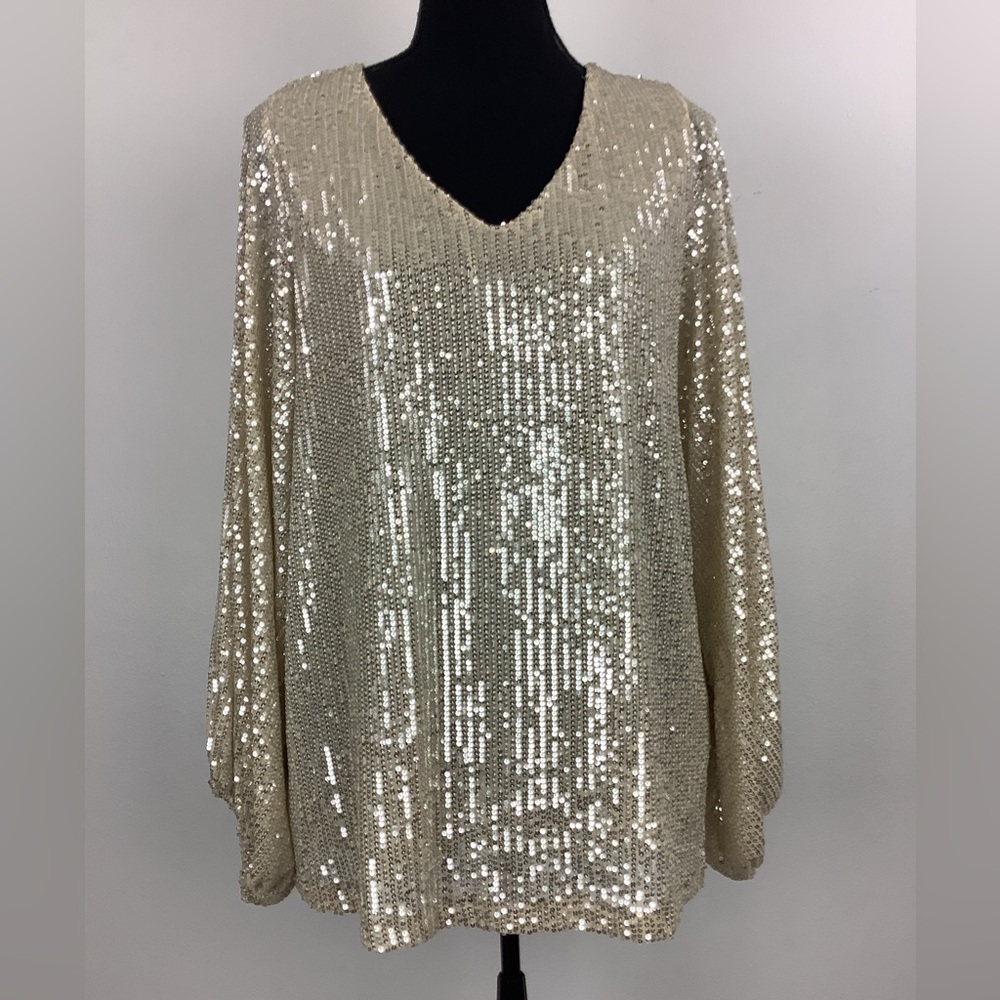 NEW Vine & Love Sparkly Blouse Long PUFF Sleeve Top Size MEDIUM CREAM & SILVER